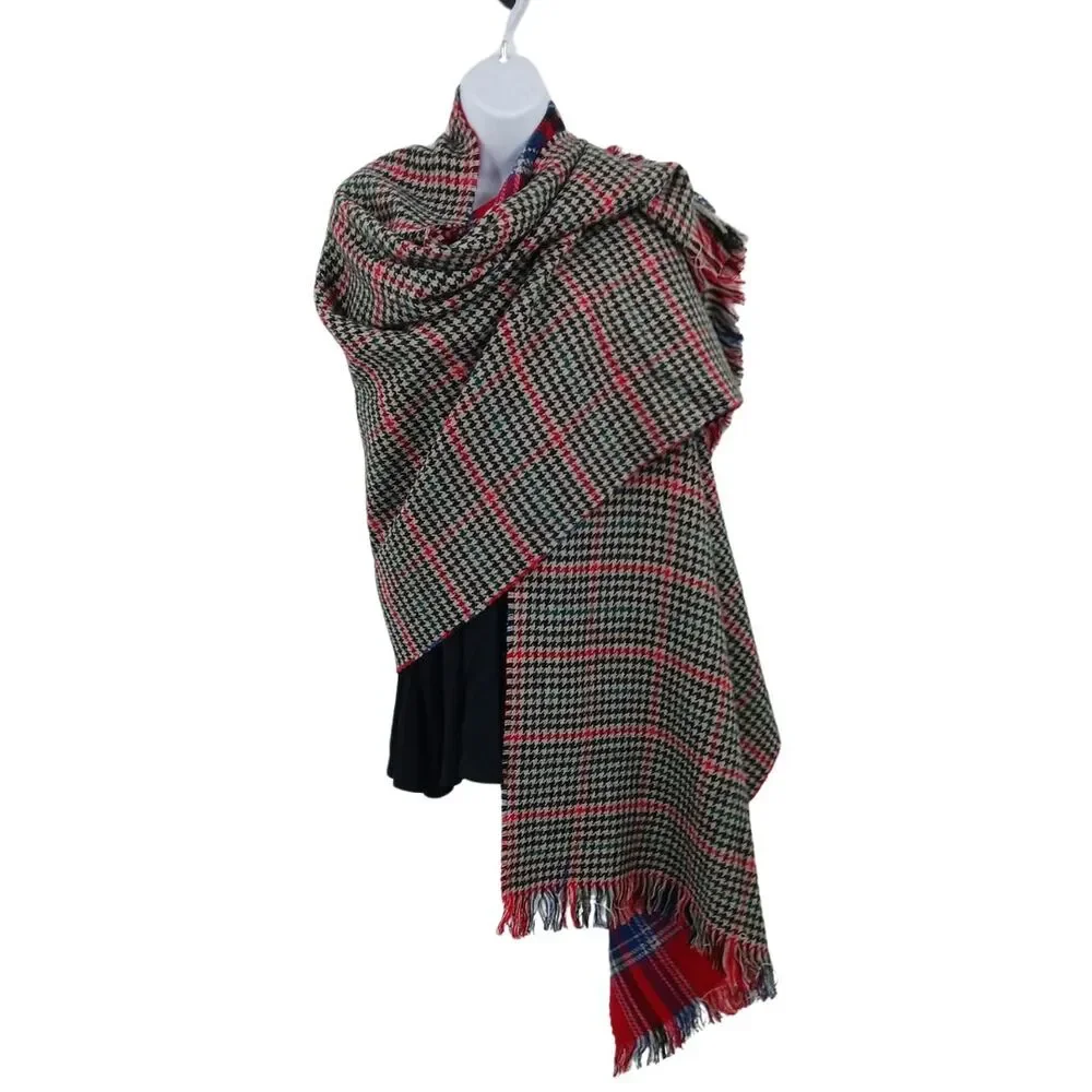 Reversible Plaid Houndstooth Blanket Scarf Fringe Trim Oversized Wrap Scarf